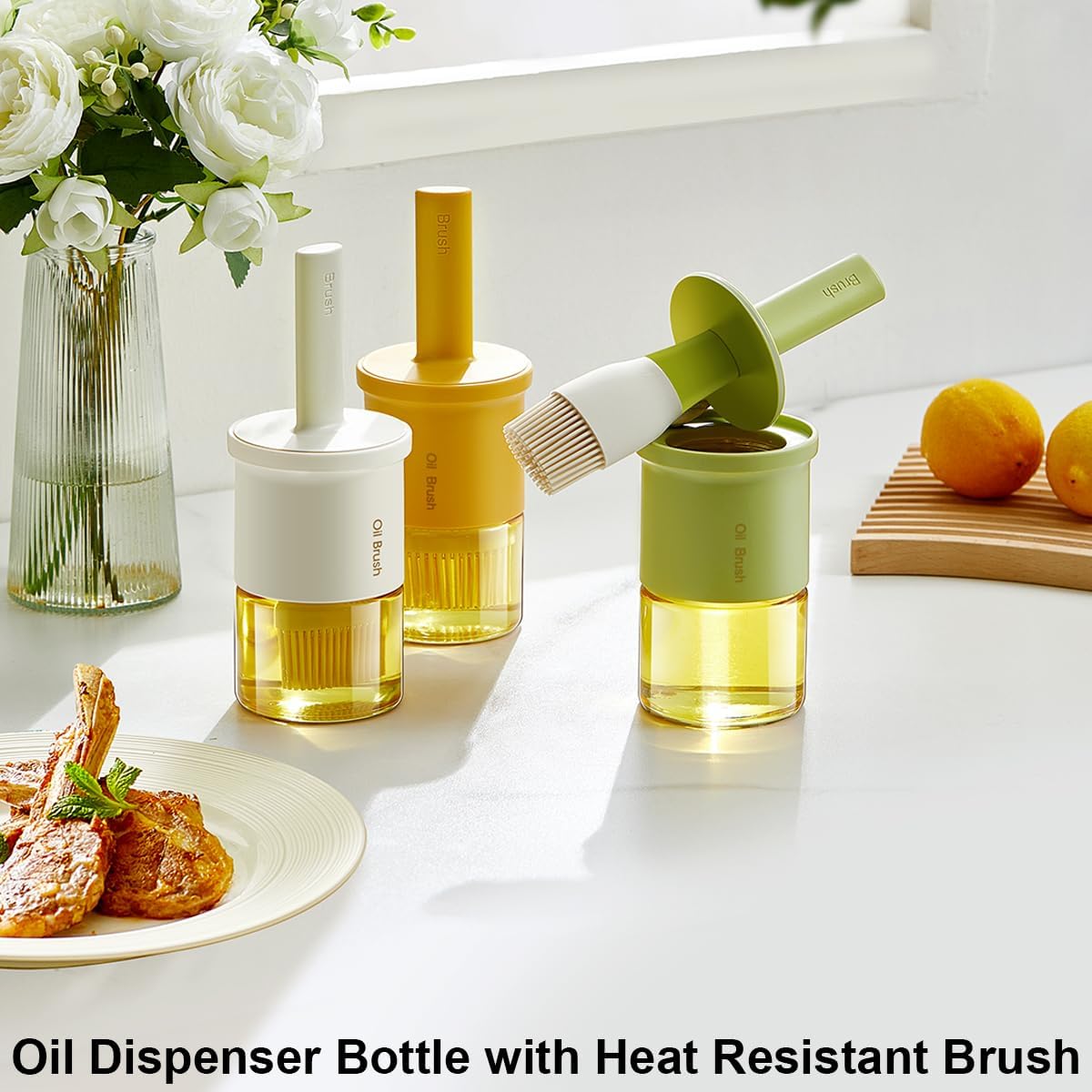 Glass Oil Dispenser with Heat Resistant Brush,Oil Dispenser Bottle with Silicone Pastry Brush for Kitchen,Cooking Vinegar and Sauce BBQ Grill Frying (Oil Dispenser-Green&Yellow)