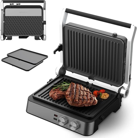 Panini Press,4 Slices Contact Grill with Removable Non-Stick Coated Grill and Flat Plates,Panini Makers with Temperature Control and Timer,Open 180 Degrees,Grill and Griddle (Half black with sus)