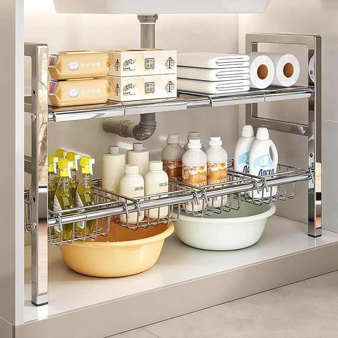 Large Under Sink Organizer 2 Tier Expandable Heavy Stainless Steel Shelf Adjustable Height for Under Kitchen Bathroom Sink Organizers and Storage (Large Size: 4 Panels 4 Storage Baskets)