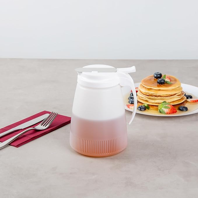 Restaurantware-Chef 101 48 Ounce All Purpose Syrup Dispenser, 1 Honey Dispenser - White Top, Stainless Steel Slide Cover, Plastic Pancake Syrup Bottle, Perfect For Diners, Restaurants, Home