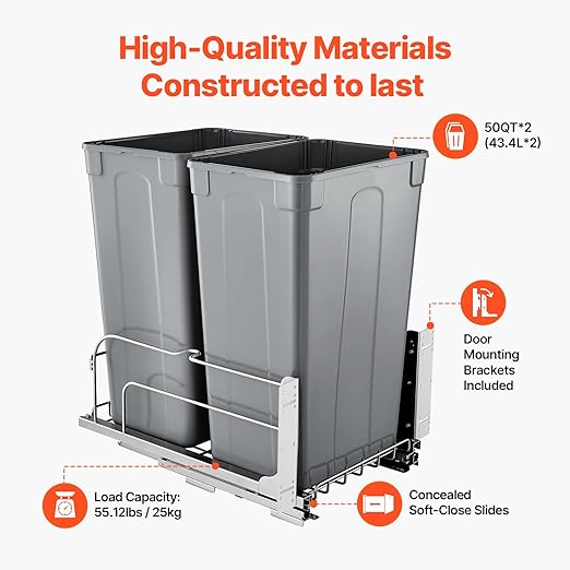 VEVOR Pull-Out Trash Can, 50 QT x2 Double Under Mount Kitchen Waste Container, Heavy Duty Garbage Recycling Bin with Door Kit and Soft Close Slide, for Kitchen Cabinet, Sink, Under Counter (Grey)