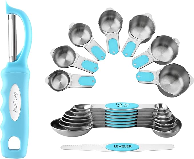 Spring Chef Premium Swivel Vegetable Peeler & Magnetic Measuring Cups & Spoons, Set of 15 with Leveler - 2 Product Bundle - Aqua Sky