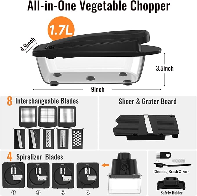 12 Blade All-in-1 Vegetable Chopper Mandoline Slicer with Container, Spiralizer with Containers, Food Chopper, Onion Chopper, Veggie Cutter for Salad, Kitchen Gadgets Accessories Essentials, Black