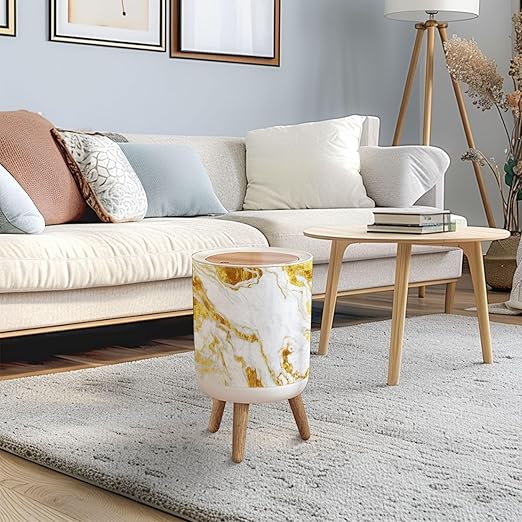 Trash Can with Lid Marble Golden Texture Wall Press Top Round Small Garbage Bin with Wooden Legs Waste Basket for Kitchen Bedroom Nursery 7L/1.8 Gallon