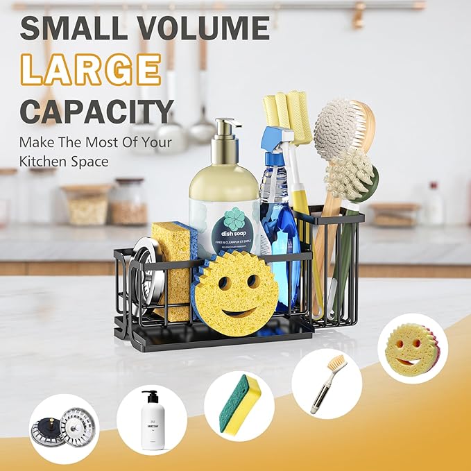 Epicano Sink Caddy Sponge Holder, Smiley Face Sponge Rack with High Brush Holder,Rustproof Kitchen Countertop Organizer,Kitchen Gadgets Sink Accessories, Black