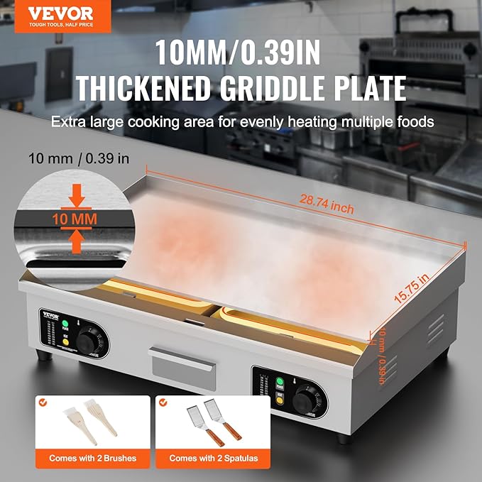 VEVOR Commercial Electric Griddle, 2800W Countertop Flat Top Grill, 122℉-572 ℉ Adjustable Temp, 29in Stainless Steel Griddle Grill with 2 Shovels and 2 Brushes for Home or Restaurant(110V No Plug)