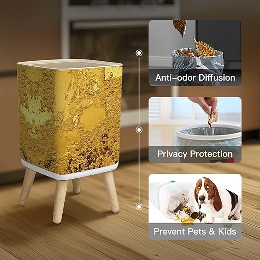 Small Trash Can with Lid Gold texture for cover cards flyers poster Bronze old paint Golden Wastebasket with Press Cover Dog Proof Garbage Can Waste Bin for Kitchen Bathroom Nursery 2.6 Gallon