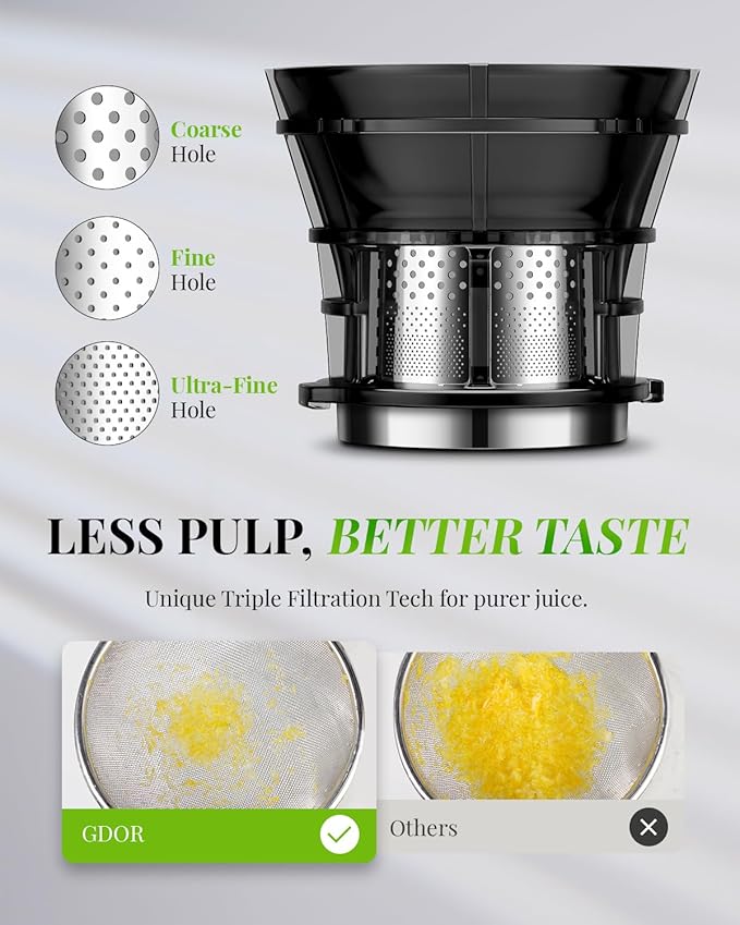 GDOR Cold Press Masticating Juicer Machines, Self Feeding Slow Pure Juicer, 5.3" Extra Feed Chute Fit Whole Vegetable and Fruit, Grey