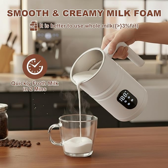 4 in 1 Electric Milk Frother Automatic Hot & Cold Foam Maker Auto Shut-Off Durable Stainless Steel Milk Frother Silent Working Easy to Clean for Hot Chocolate (White-With Digital Display)