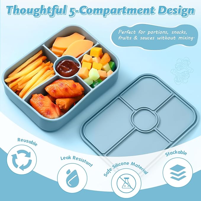 Jingmore 4 Pack Silicone Bento Boxes for Adults, 5 Compartment Reusable Lunch Containers with Sauce Section, Leakproof Meal Prep Snack Box Microwave & Dishwasher Safe for Office(Blue)