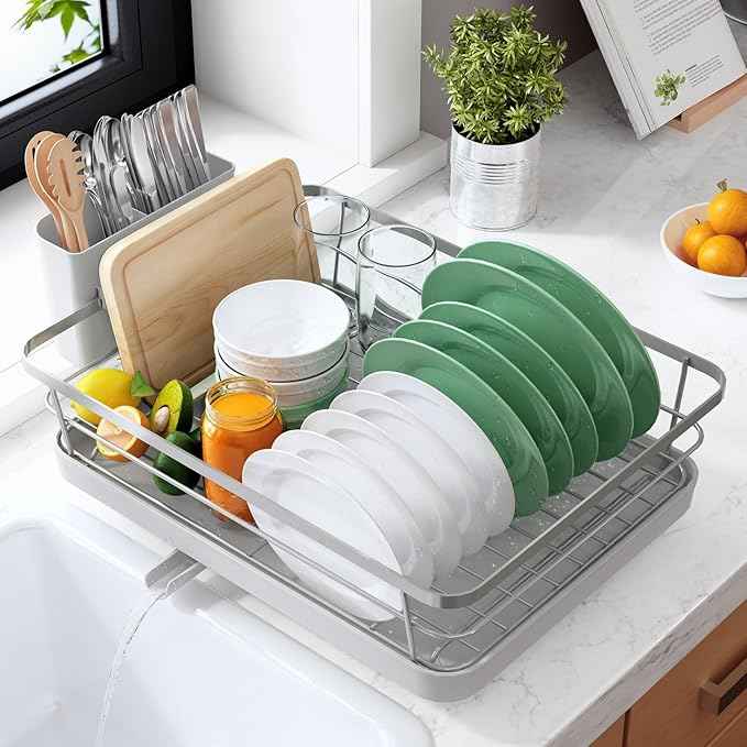Kitsure Dish Drying Rack for Kitchen Counter, Stainless Steel Sink Organization and Storage Essentials with Cutlery Holder, Home and Appartment Decor, 12''W x 15.5''L, Silver Grey