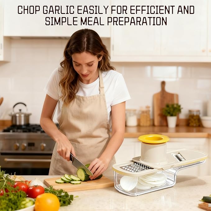 Mini Garlic Slicer Multi-Functional Mandoline Slicer Veggie Garlic Ginger Grinder Vegetable Mandoline Cutter Veggie Shredder with Container (White)
