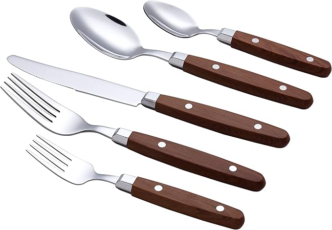 ANNOVA Silverware Set, Retro/Rivet Colorful Stainless Steel Tableware Kitchen Flatware Set Utensils, Includes Dinner Knives, Forks, Spoons, Salad Forks & Dessert Spoons (Wood, 20 Pieces)