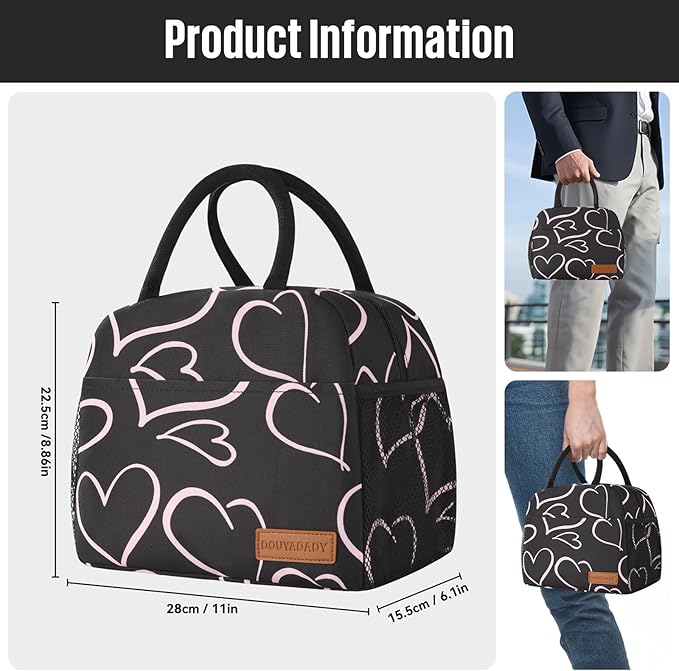 douyadady Lunch Bag Women/Men Lunch Box Women/Men (black+pink heart)