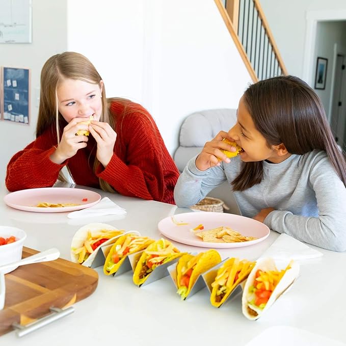 Set of 16 Metal Taco Holders - Stainless Steel Taco Trays- Dishwasher, Oven, and Grill Safe - Great for Sandwiches and Hotdogs too (16)