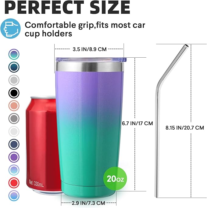 Volhoply 20oz Stainless Steel Tumbler with Lid and Straw,Double Wall Insulated Travel Ice Coffee Mug Fits Cup Holder,Powder Coated Cups for Hot and Cold Drinks,Gifts for Women Men（Purple Green,1 Set）