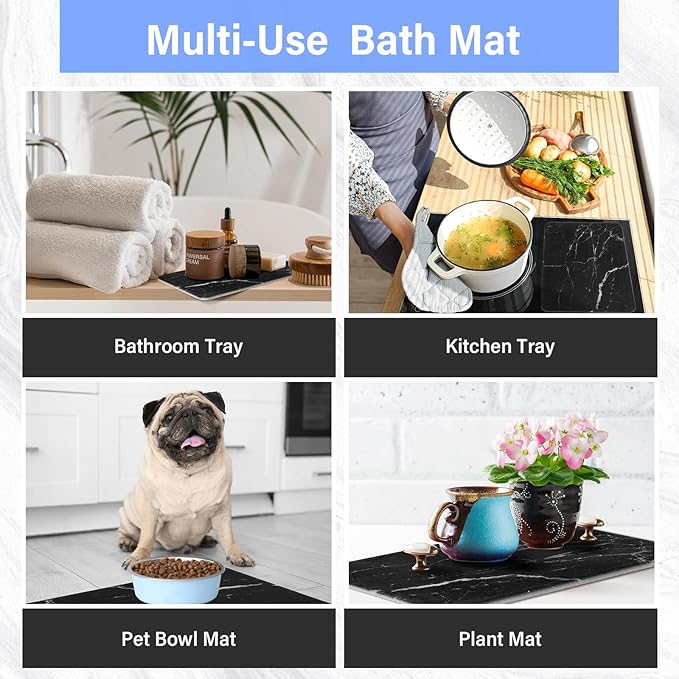 Drydiet 2 Pcs Large Dish Drying Coffee Mat for Kitchen Counter Diatomaceous Dish Dry Mat 11.8" x 18.9" Quick Drying Dry Mats for Coffee Machine Pads(Black,Marble)