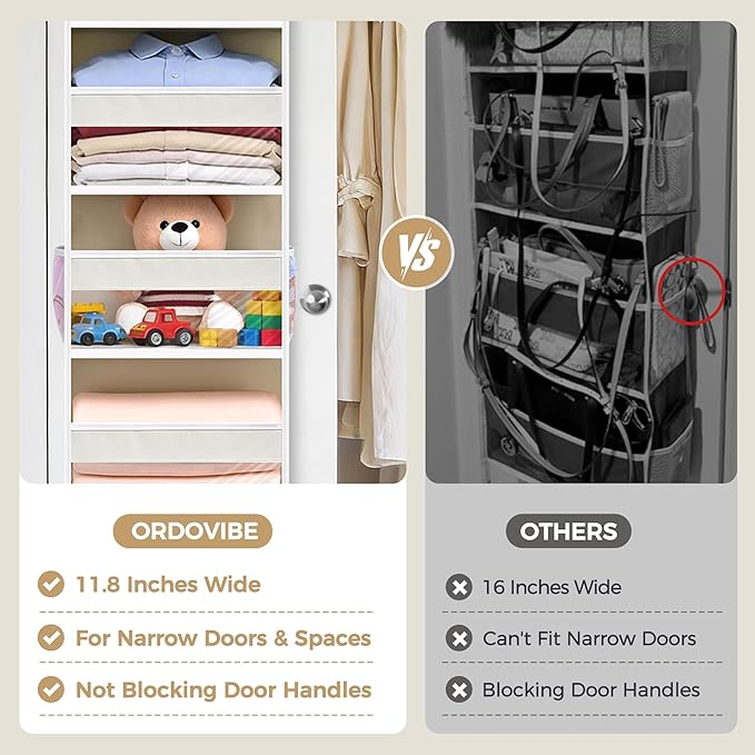 Narrow 6 Tiers Over the Door Hanging Organizer with 6 Mesh Pockets, 11.8” Wide for Narrow Cabinet Doors, French Doors in the Bathroom, Closet, RV, 1-Pack