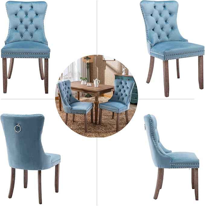 Upholstered Dining Chairs Set of 6, Velvet Dining Room Chairs with Back Ring Pull Trim and Solid Wood Legs, Tufted Wingback Kitchen Chair Perfect for Dining Room,Living Room,Kitchen(Light Blue)