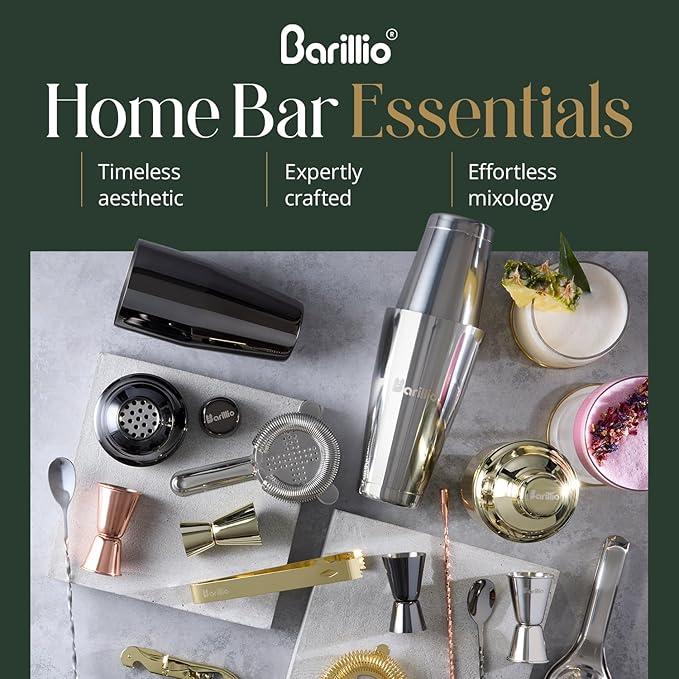 Barillio Silver Bartender Kit - Stainless-Steel Cocktail Shaker Set w/Black Bamboo Stand - Mixology Bar Tools w/Drink Shaker, Mixer & Muddler for Cocktails - Home Bar Accessories - 23-Pc Bar Set