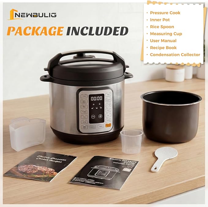 NEWBULIG 16-in-1 Electric Pressure Cooker, 6QT Multi Cooker with 12 Presets, Slow Cook Rice Steamer Sauté Soup Meat Stew Canning Yogurt Maker, Ceramic Inner Pot & Recipe Book Included, Silver