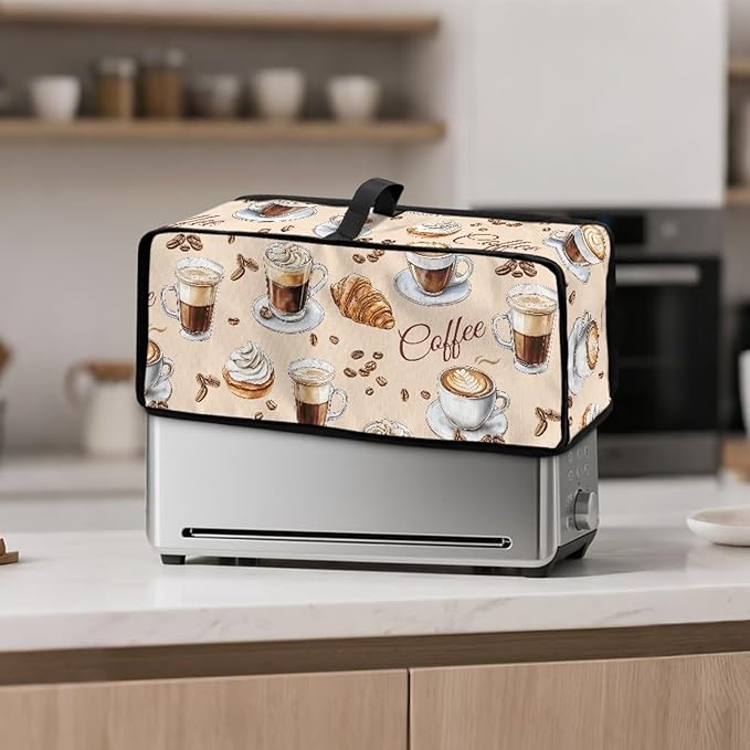 Toaster Cover Coffee Theme Toaster Cover 2 Slice Long Slot Beige Slim Dustproof & Water-Resistant Dust Covers for Toasters 2 Slice Long Slot, Decor Kitchen Appliance Covers