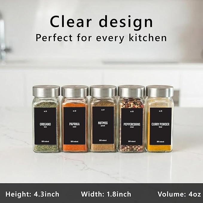 Deco haus Glass Spice Jars with Label 24 x 4oz [LABELS incl] Spice Containers with 280 Labels, Shaker Lids, Funnel & Chalk Marker - Empty Herb Seasoning Containers, Small Seasoning Bottles for Herb