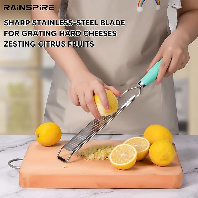 Rainspire Zester Grater with Handle, Lemon Zester Cheese Grater for Kitchen Stainless Steel, Parmesan Cheese Garlic Nutmeg Chocolate Fruits Vegetables Ginger Grater, Fine, Mint Green