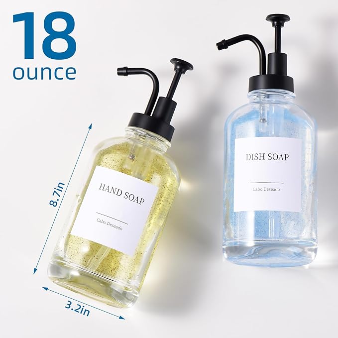 Glass Soap Dispenser with Pump, Dish and Hand Soap Dispenser for Kitchen Bathroom Set, Clear Glass Dispenser Set of 2 Pack with 18 Stickers Funnel Bamboo Tray 500ml 18oz / Each Bottle Sliver Pump
