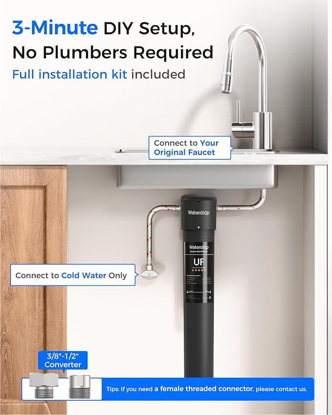 Waterdrop 17UA-UF 0.01 μm Ultra Filtration Under Sink Water Filter System, 3 Years, Reduces Lead, Chlorine, Bad Taste & Odor, Connects Directly to Your Faucet
