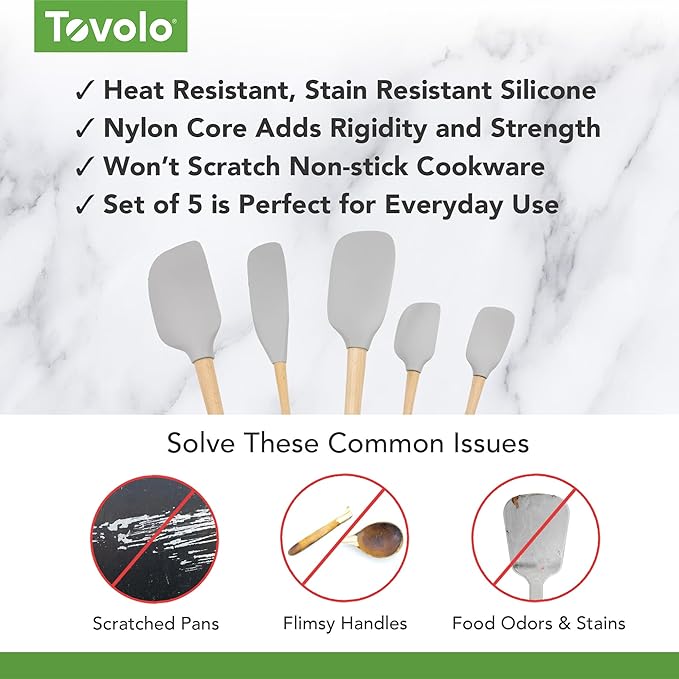 Tovolo Silicone Spatula with Wooden Handle Set of 5 Piece Silicone Kitchen Utensil Set Spoonula Jar Scraper Mini Spatula and Spoonula for Cooking Baking Mixing Folding Oyster Gray