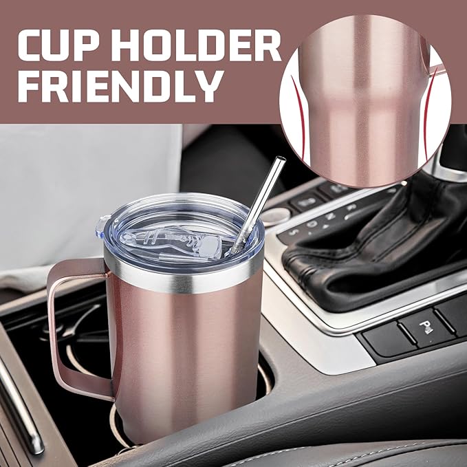 20 oz Tumbler with Handle Stainless Steel Insulated Coffee Tumbler with Lid and Straw Double Wall Vacuum Insulated Coffee Mug Leak Proof Travel Mug Tumbler for Hot and Cold Drink (Rose Gold,1pack)