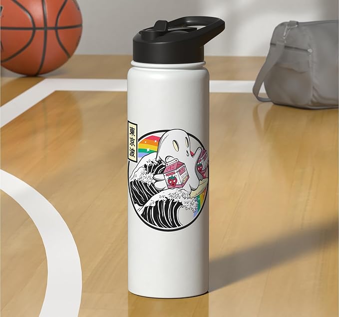 Surfing Ghost With Strawberry Milk Cartons Kawaii Vaporwave Stainless Steel Insulated Water Bottle