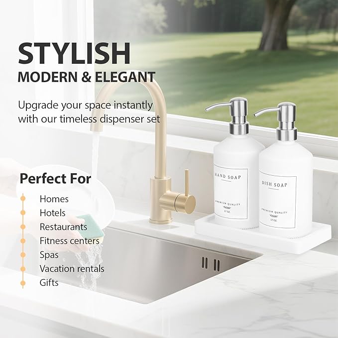 White Glass Soap Dispenser for Kitchen, Dish and Hand Soap Dispenser with Silver Stainless Steel Pump, Modern Kitchen Decor and Accessories (White Bottle/Silver Pump)