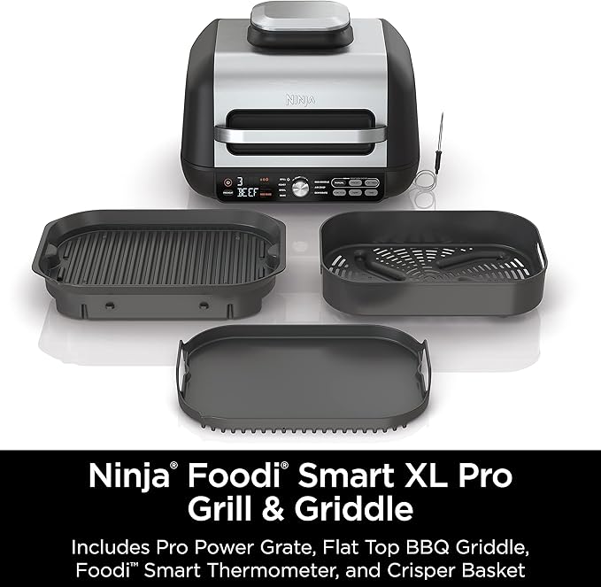 Ninja IG651 Foodi Smart XL Pro 7-in-1 Indoor Grill/Griddle Combo, use Opened or Closed, Air Fry, Dehydrate & More, Pro Power Grate, Flat Top, Crisper, Smart Thermometer, Black