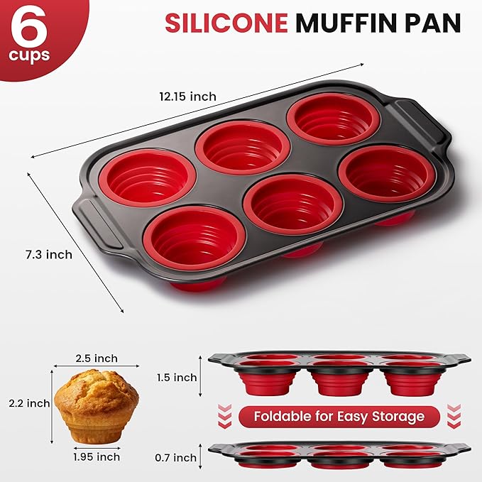 Silicone Muffin Pan for Baking with Metal Reinforced Frame - 6 Cups Regular Size Cupcake Pan Muffin Tins Egg Bite Molds - Nonstick, Easy to Pop, Bakeware for Oven, BPA Free (6-Cups Red)