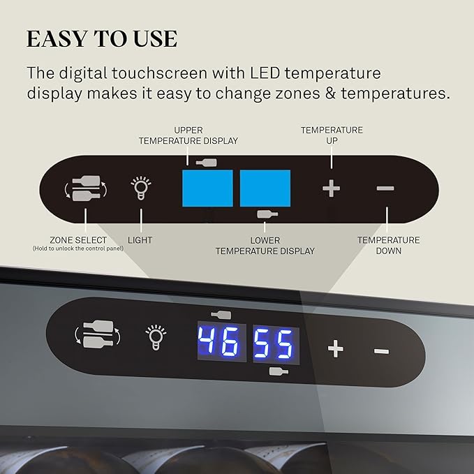 Wine Enthusiast 32-Bottle Dual Zone MAX Compressor Wine Cooler – Freestanding Mini Fridge with Digital Touchscreen, LED Display, Split Storage for Red & White Wines, Matte Black Refrigerator Home Bar