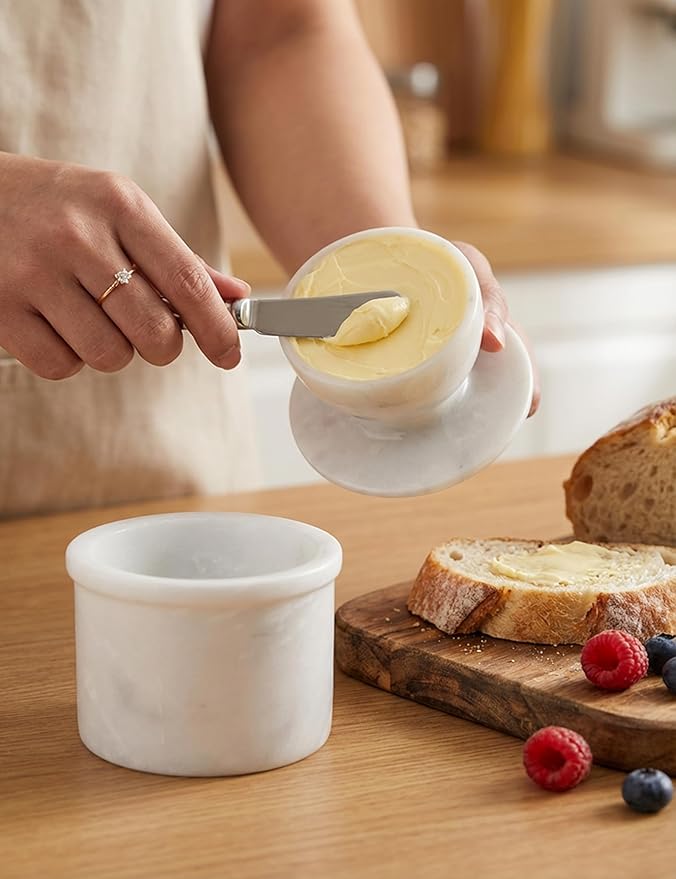 Radicaln Marble Butter Keeper 4.25'' Inches White Handmade French Butter Holder For Kitchen Counter Decor Ideal Butter Crock For Counter With Water & Butter Crock For Kitchen