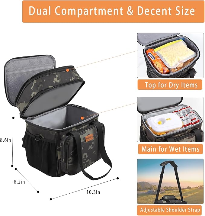 Expandable Large Insulated Lunch Box, Heavy Duty Lunch Cooler Bag Durable Leakproof Lunch Pail for Men Women Adults Work Shift Outdoor Picnic Camping Road Trip, 24 Can, Black-Camo, GLENKEY