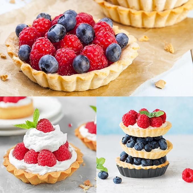 4 Pack 4 Inch Mini Tart Pans with Removable Bottom, Nonstick Quiche Pan Round, Mini Pie Pans with Oil Brush&Silicone Scrubber, Heavy Duty Fluted Side for Pies, Mousse Cakes, Dessert Baking