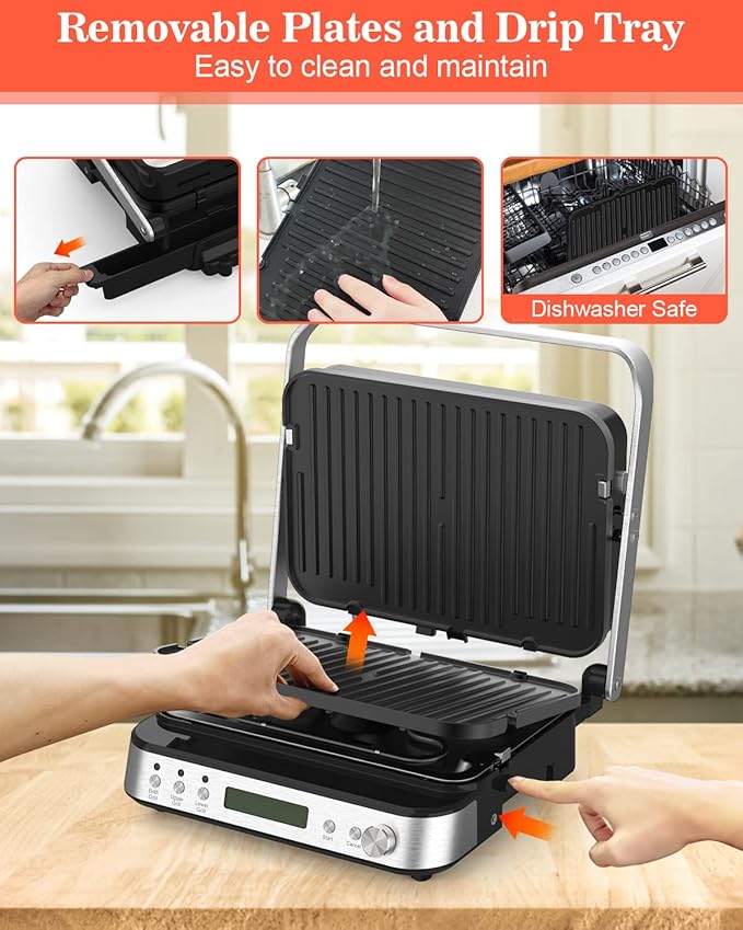 Panini Press Grill Sandwich Maker with Removable Plates, 1600W, 5 in 1 Smokeless Indoor Grill & Griddle with Meat Thermometer, Electric Contact Grills for Kitchen, Stainless Steel
