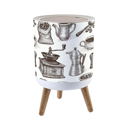 Trash Can with Lid Vintage Coffee Equipment Hand Drawn Seamless Press Top Round Small Garbage Bin with Wooden Legs Waste Basket for Kitchen Bedroom Nursery 7L/1.8 Gallon