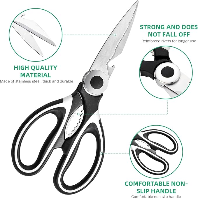 Multipurpose kitchen scissors, heavy duty meat poultry scissors, spice scissors, food cooking scissors, stainless steel utility scissors (1, white)