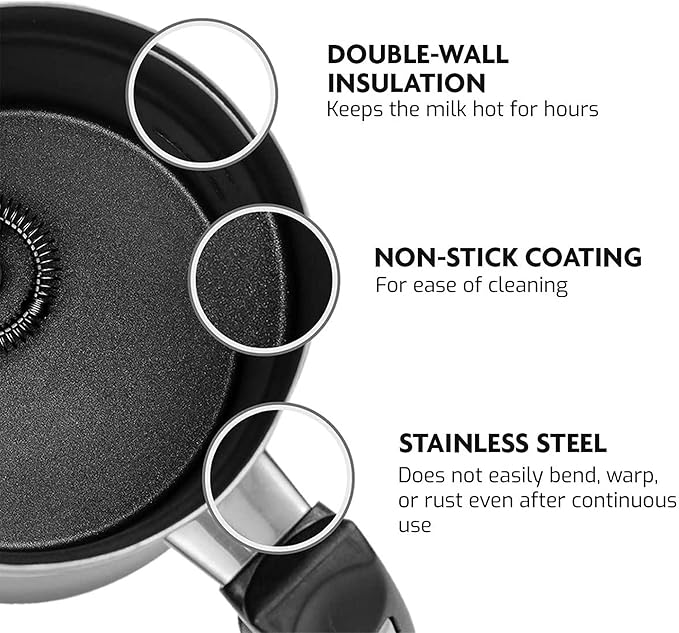 Ovente Electric Double Wall Insulated Non Stick Milk Frother and Steamer Hot & Cold 5 Ounce 10 Ounce Heated Capacity Warmer Whisker for Latte Cappuccino Espresso Coffee Hot Chocolate Chrome FR4810CH