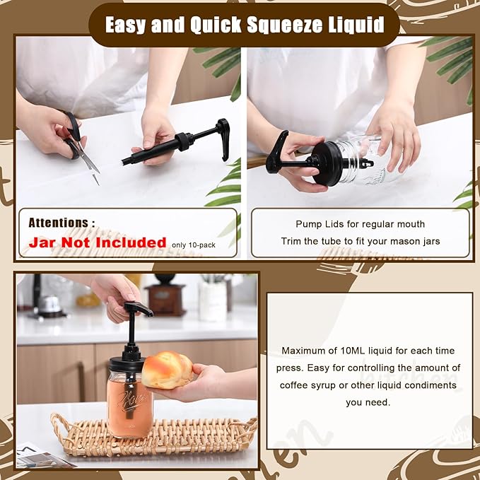 Bokon 10 Pack Mason Jar Syrup Dispenser Pump Lids Coffee Syrup Dispenser for Regular Mouth Mason Jar Rustproof Plastic Pump for Honey, Liquid Condiments, Ketchup, Coffee Glaze