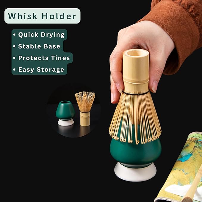 7PCS Ceramic Matcha Whisk Set - Traditional Japanese Tea Set Includes Matcha Bowl with Spout, Holder, Bamboo Whisk, Bamboo Scoop with Rest, Sifter with Tea Towel - Perfect Kit for Matcha Lovers