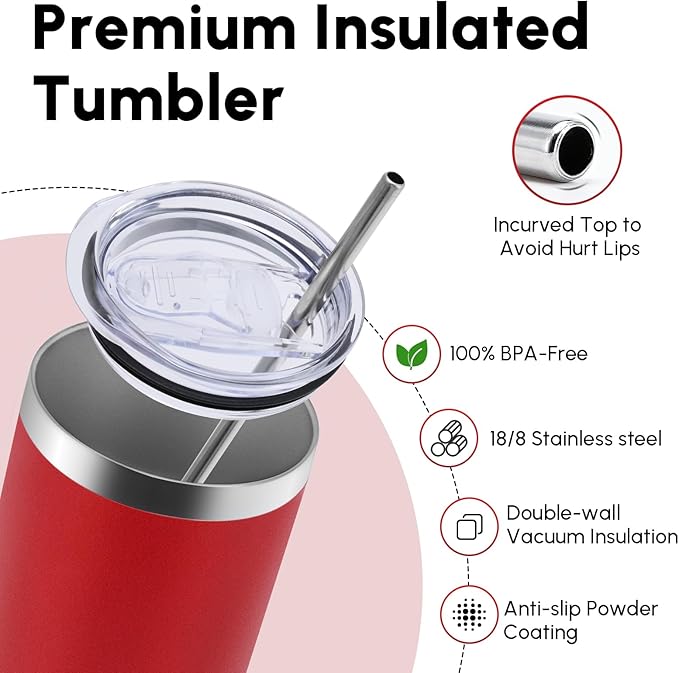 Volhoply 4 Pack Skinny Tumblers with Lid and Straw, 20oz Stainless Steel Straight Tumbler Bulk, Vacuum Insulated Coffee Mug for Home, Office, Travel, DIY (Red,4 Pack)