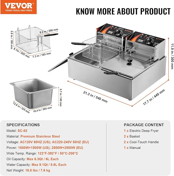 VEVOR Commercial Deep Fryer, Dual Tank 3000W Electric Countertop Fryer with Basket, 2 x 9.1Qt/8.6L Double Stainless Steel Oil Fryer, with Temp Control & Overheat Protection, for Kitchen Restaurant Use