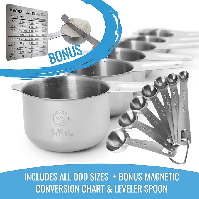 Stainless Steel Measuring Cups and Spoons Set of 16-7 Cup & 7 Spoon + Conversion Chart & Leveler - Kitchen Measuring Spoons and Cups - Dry Measure Cups Stainless Steel & Baking Metal Measuring Cups