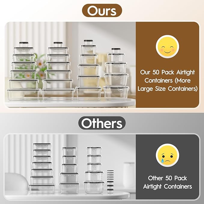 50 PCS Food Storage Containers with Lids Airtight (25 Containers & 25 Lids), 100% Leak Proof Meal Prep Container for Kitchen, BPA-Free Plastic(Polypropylene5), Microwave/Dishwasher Safe, Labels & Pen